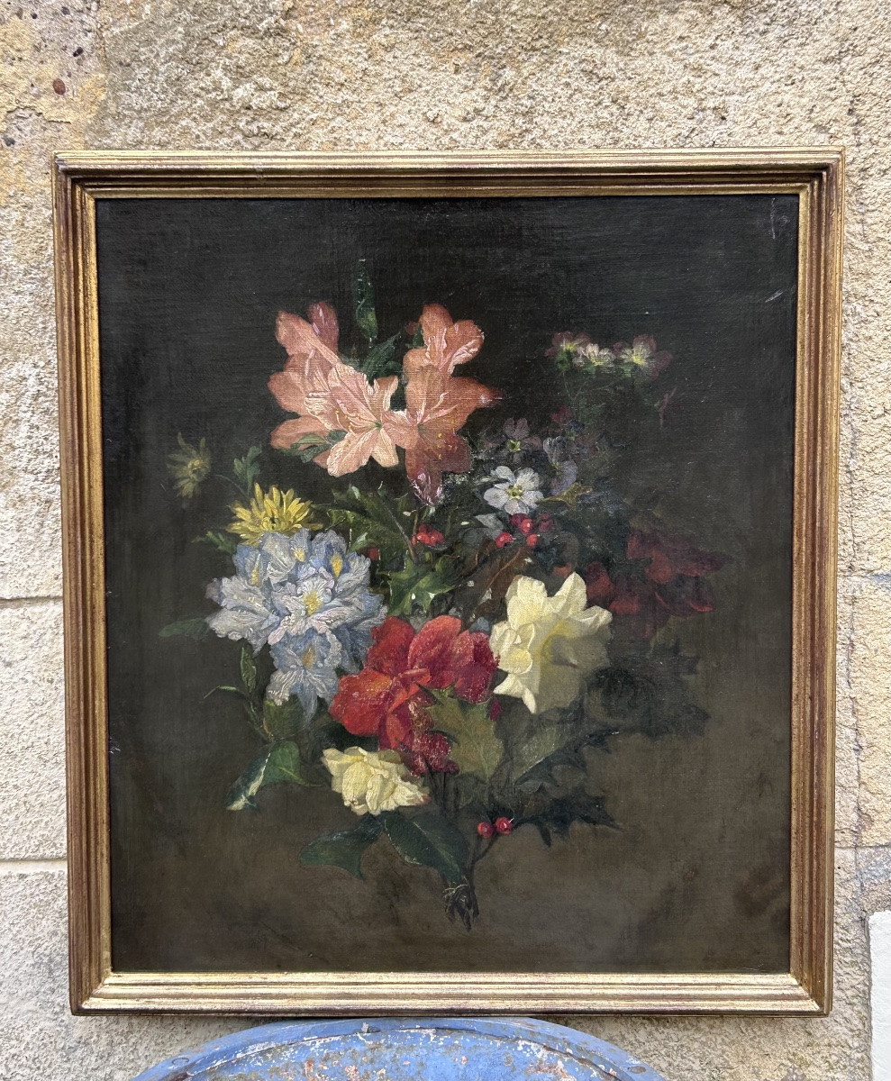 Oil On Canvas Bouquet Of Flowers 19th Century-photo-2