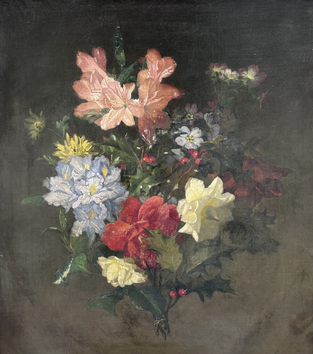 Oil On Canvas Bouquet Of Flowers 19th Century-photo-3