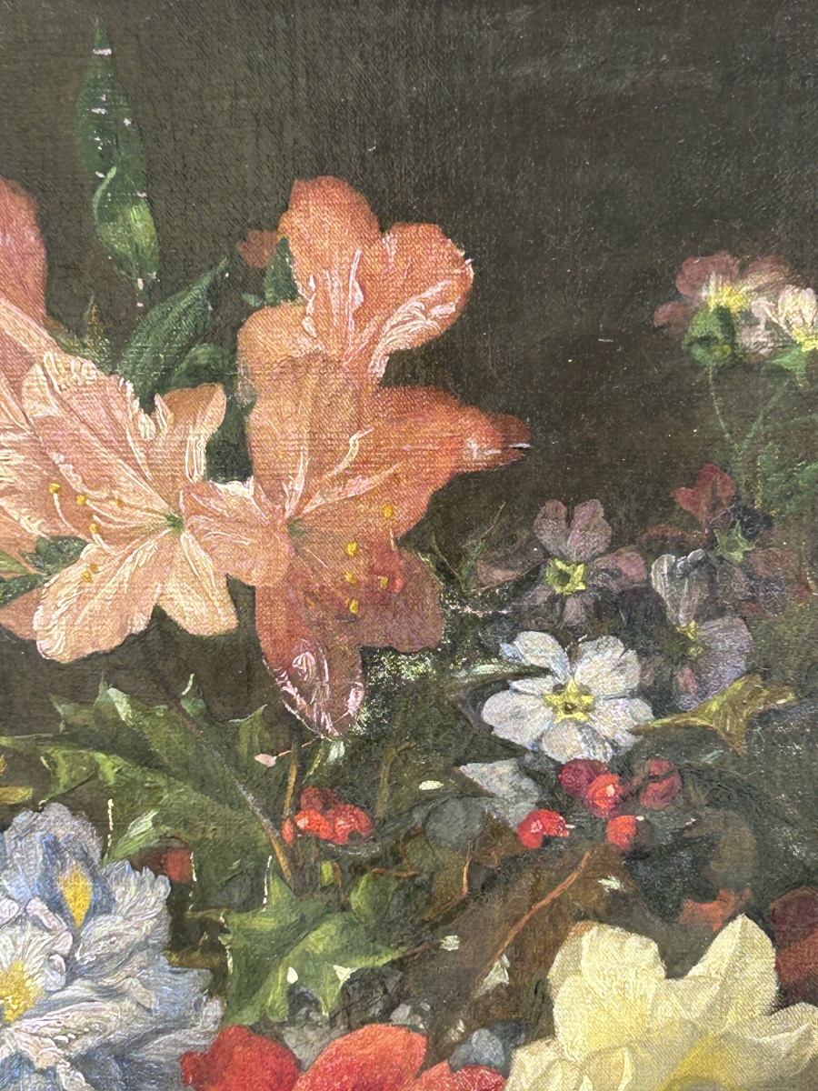 Oil On Canvas Bouquet Of Flowers 19th Century-photo-1