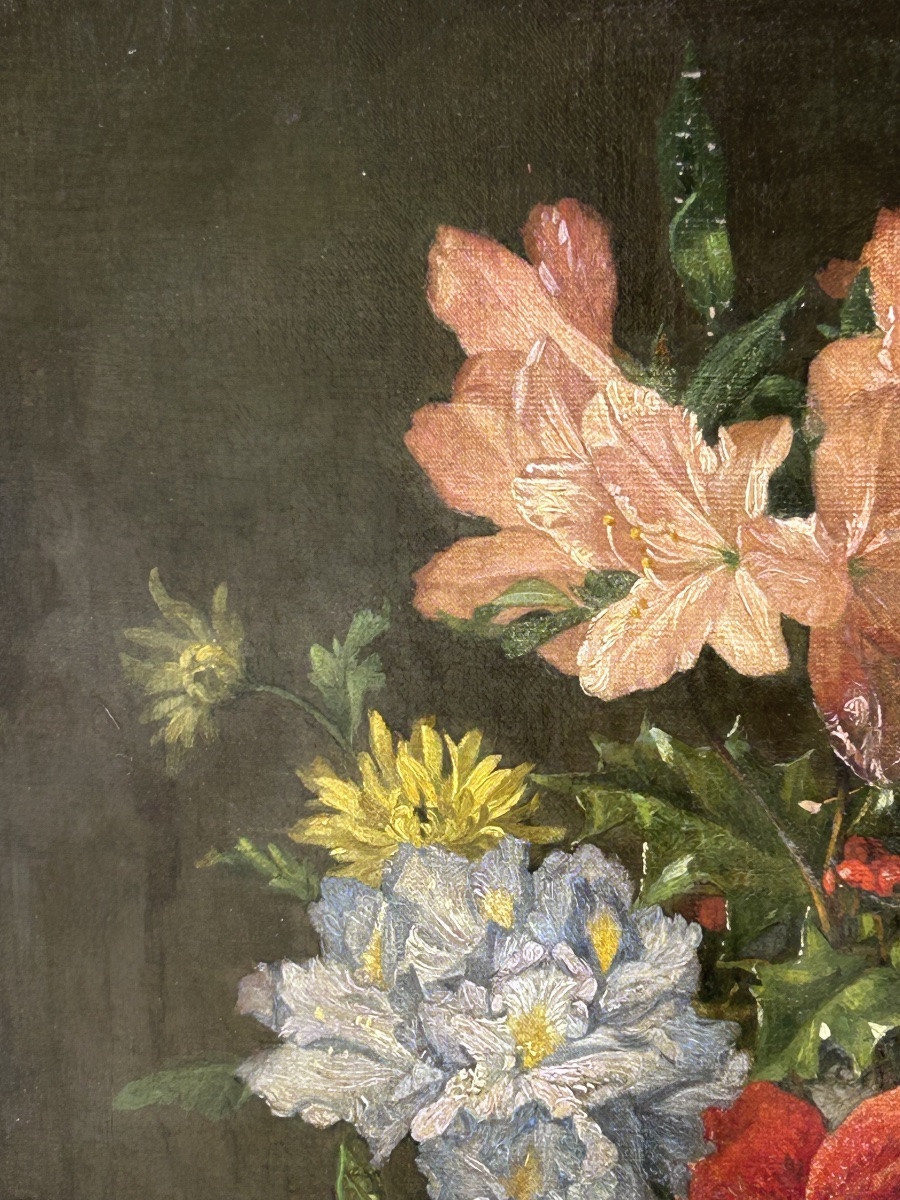 Oil On Canvas Bouquet Of Flowers 19th Century-photo-2