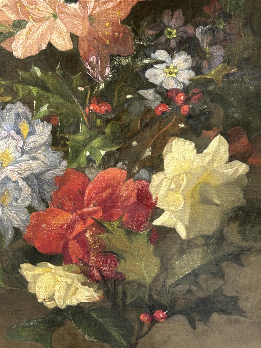 Oil On Canvas Bouquet Of Flowers 19th Century-photo-4
