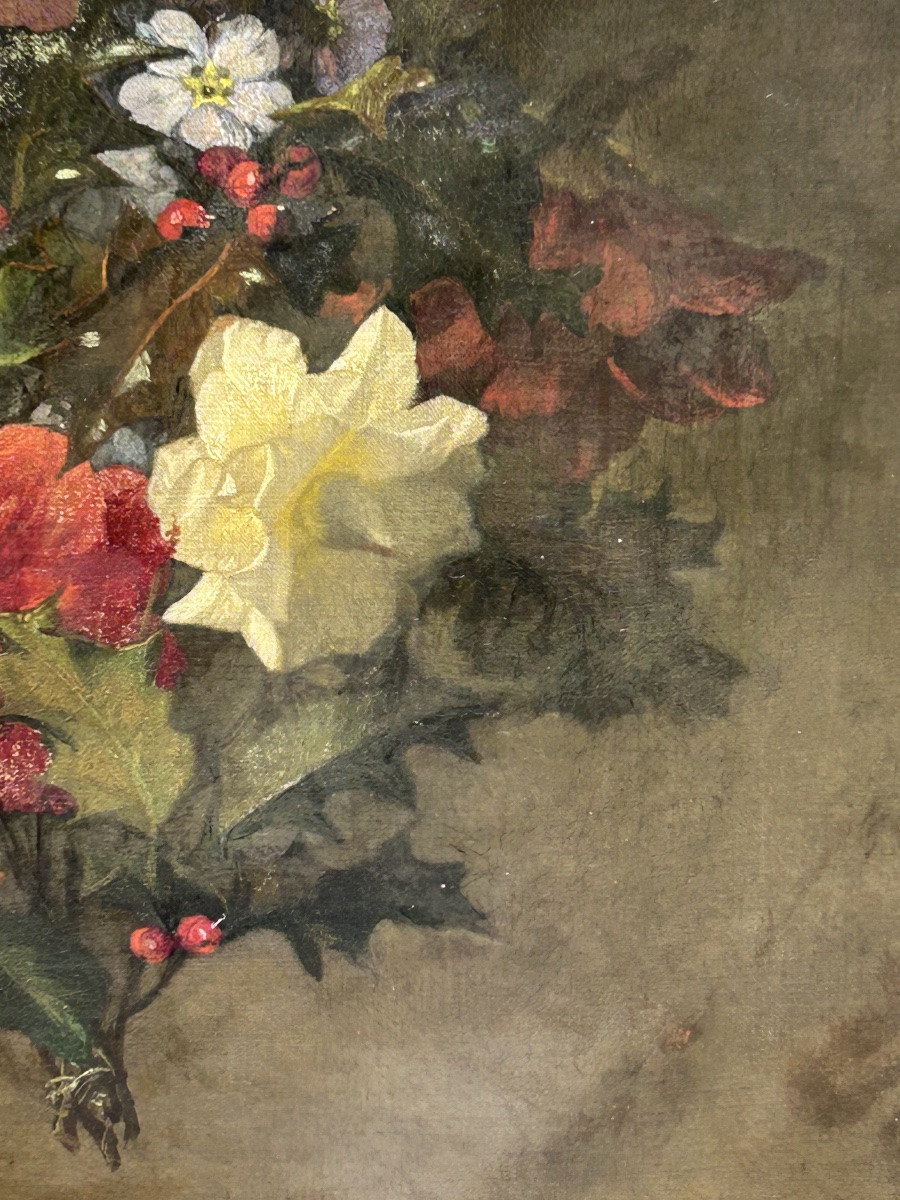 Oil On Canvas Bouquet Of Flowers 19th Century-photo-5