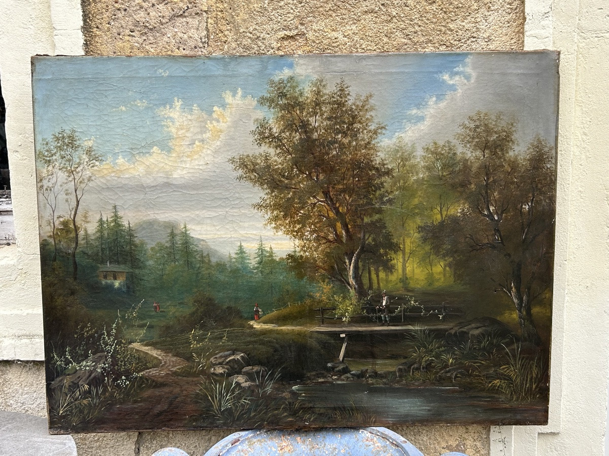 Huile sur toile grand forme paysage animé XIXe siècle -photo-2