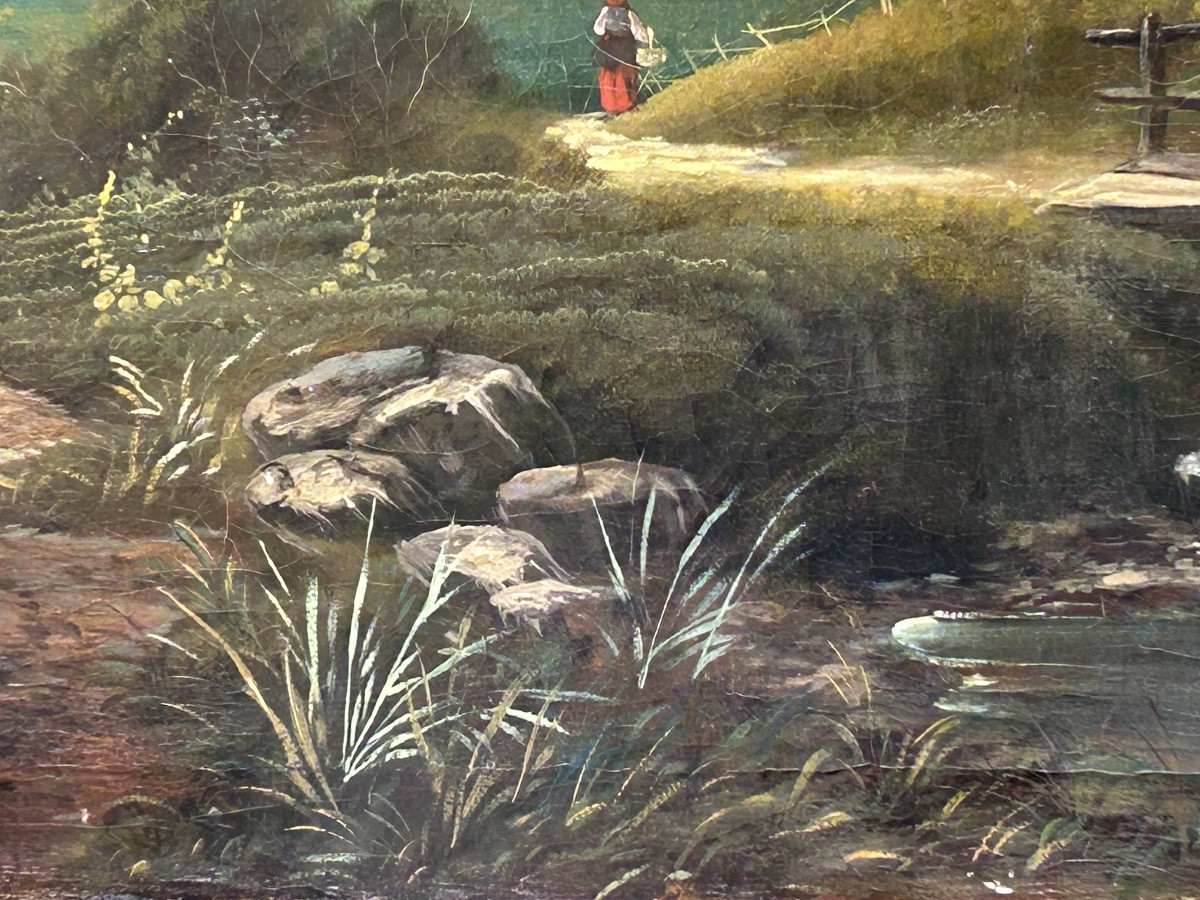 Huile sur toile grand forme paysage animé XIXe siècle -photo-7