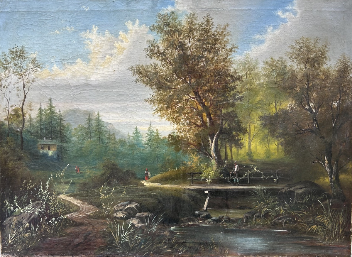Huile sur toile grand forme paysage animé XIXe siècle 