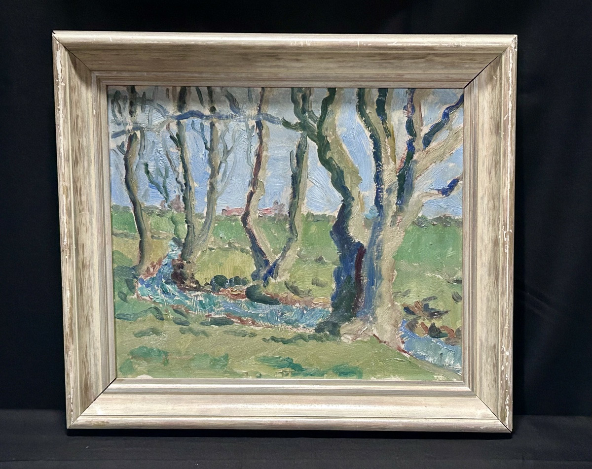 Oil On Panel Scandinavian Forest Expressionist Painting-photo-2