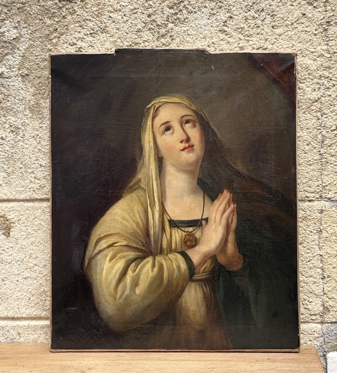 Painting Oil On Canvas Virgin In Prayer 19th Century-photo-2
