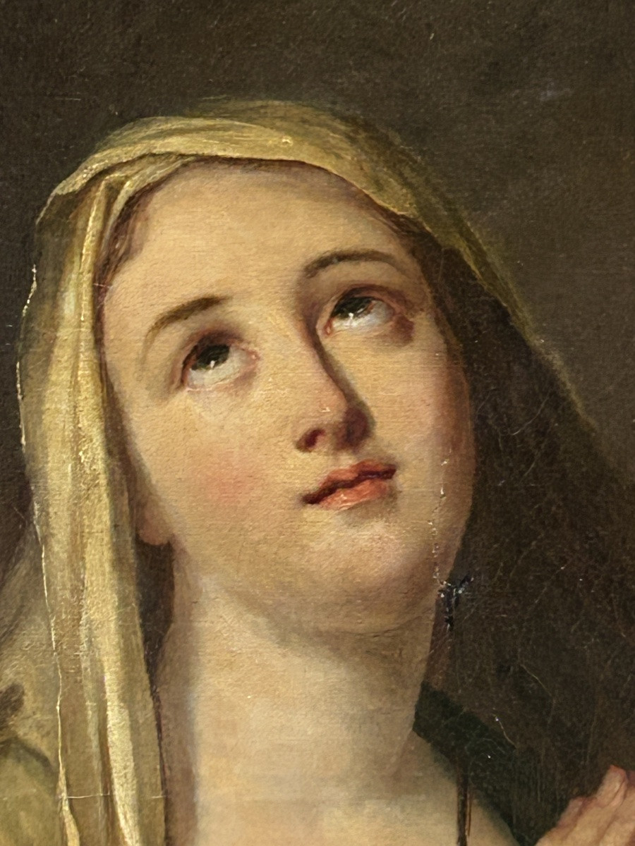 Painting Oil On Canvas Virgin In Prayer 19th Century-photo-3