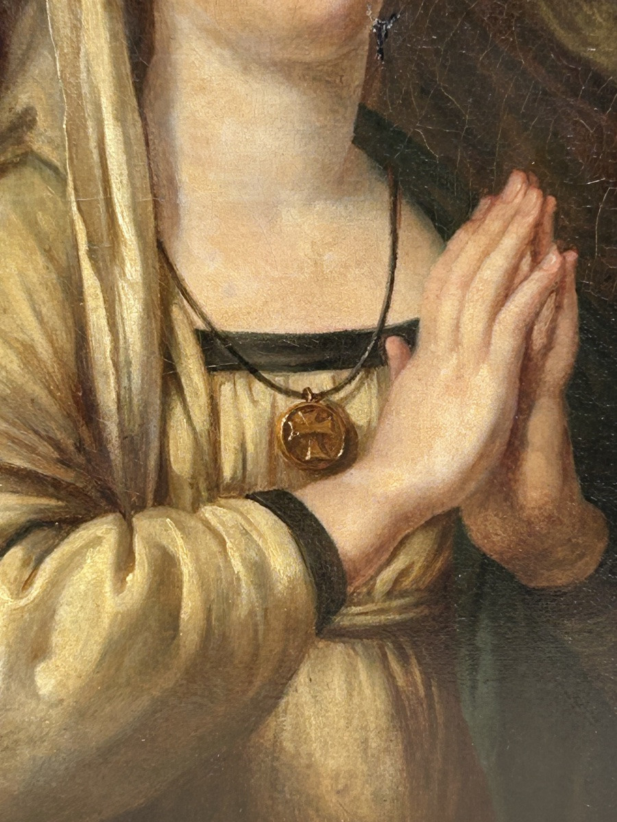 Painting Oil On Canvas Virgin In Prayer 19th Century-photo-4