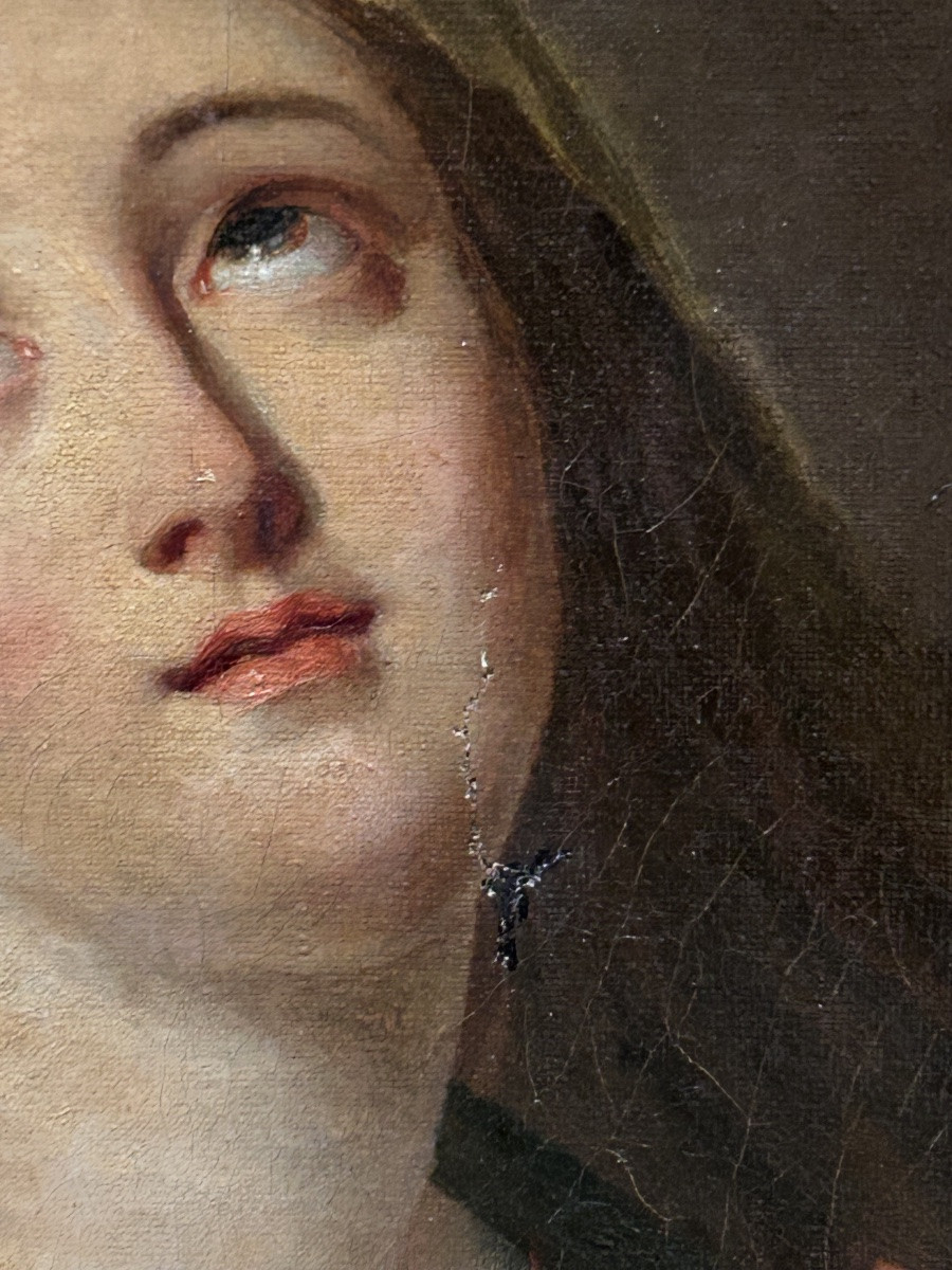 Painting Oil On Canvas Virgin In Prayer 19th Century-photo-4