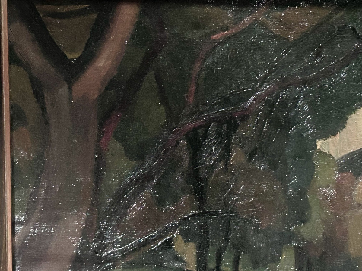 J. Kutter, huile sur toile expressionniste paysage -photo-1