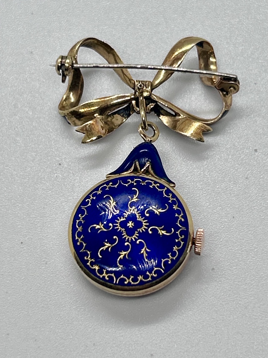Broche montre Lugran en or 18 carats émaillé -photo-1