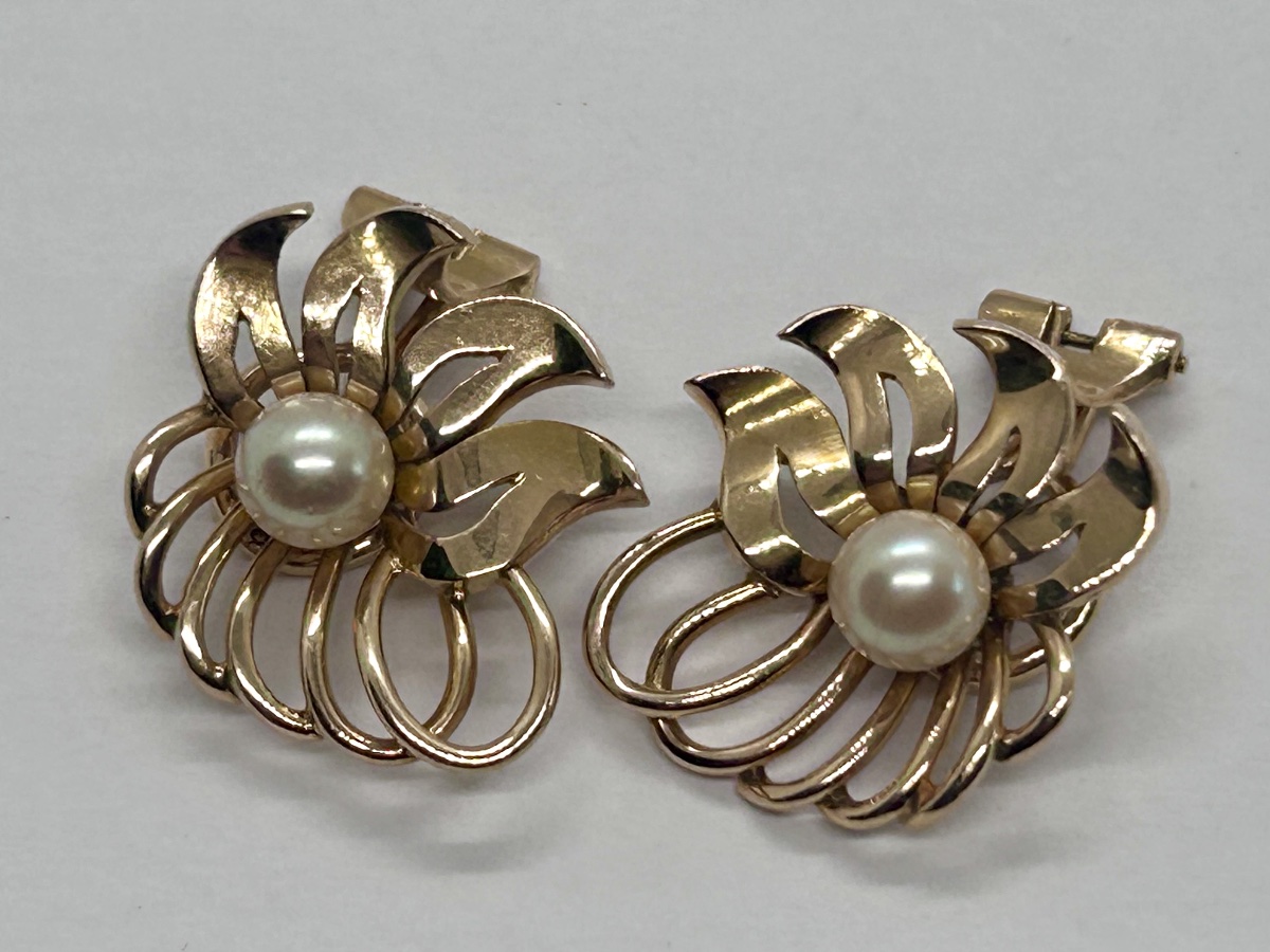 Boucles d’oreilles art déco à clips en or 18 carats et perle de culture-photo-2