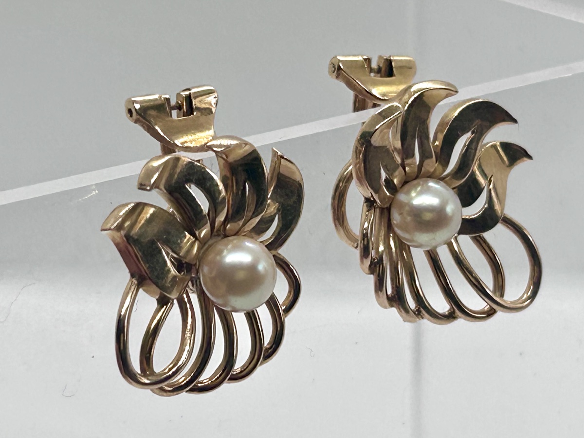 Boucles d’oreilles art déco à clips en or 18 carats et perle de culture-photo-3