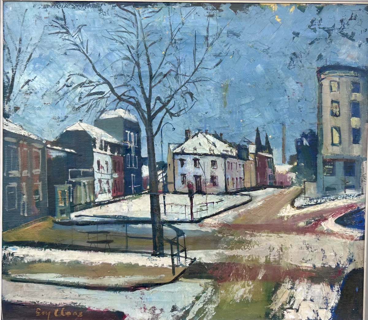 Boy Cloos, huile sur toile « Vue d’une place en hiver », artiste luxembourgeois -photo-3