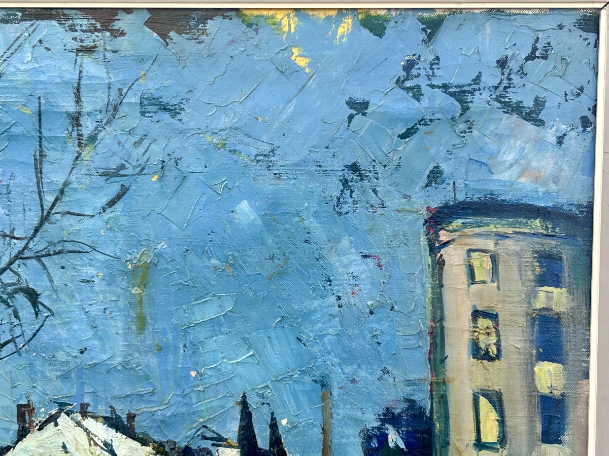 Boy Cloos, huile sur toile « Vue d’une place en hiver », artiste luxembourgeois -photo-1