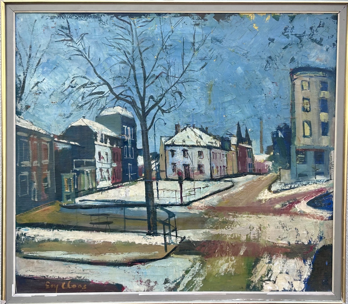 Boy Cloos, huile sur toile « Vue d’une place en hiver », artiste luxembourgeois 