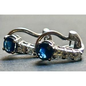 Pair Of Gold, Blue Sapphires And Diamonds Earrings