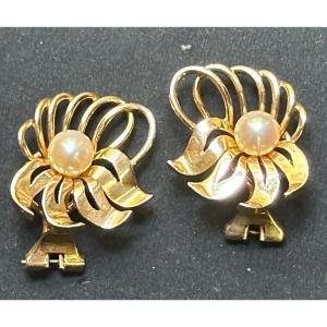 Pair Of Gold And Pearl Flower Earrings
