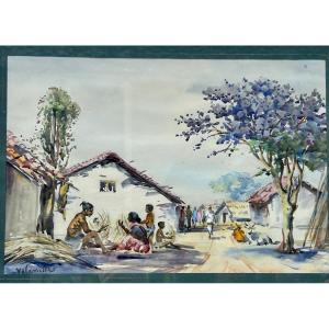 Aquarelle signée Yalavatti, village indien