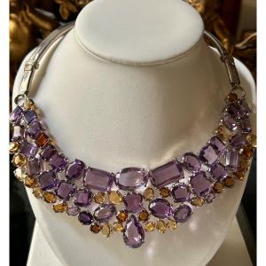 Collier argent, améthystes et citrines