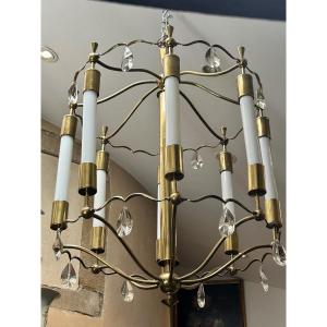 Art Deco Chandelier In Polished Brass, Bronze And Glass