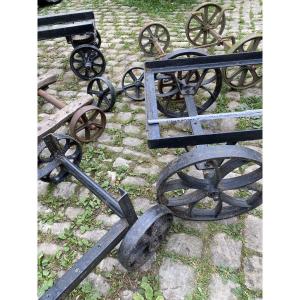 Industrial Art, Set Of Cast Iron Wheeled Trolleys For Coffee Tables 