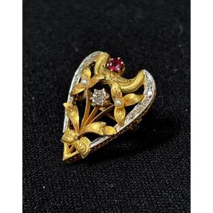 Broche Art Nouveau en Or 18ct sertie de perles, diamants et rubis