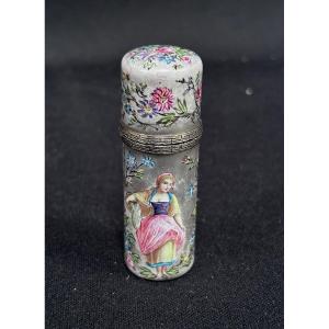 Silver And Enameled Porcelain Perfume Bottle 