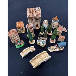 Set Of Santons By Marcel Carbonel: Houses And Trees