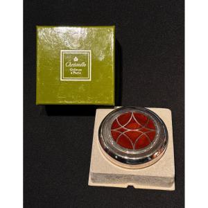 Christofle Round Talisman Box In Silver-plated Metal And Chinese Lacquer