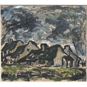 Bonaventure Fieullien, paysage campagnard huile sur papier