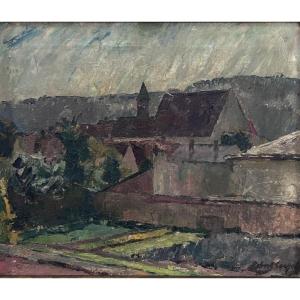 Robert Engels, huile sur toile vue du village 