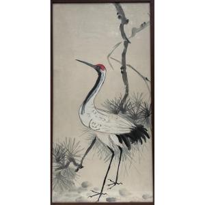 Aquarelle chinoise 19e siècle, cigogne
