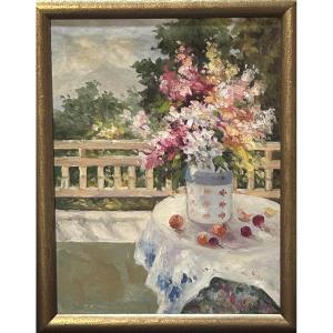 Huile sur toile bouquet de fleurs décor champêtre 