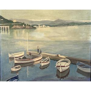Huile sur toile paysage port scandinave monogrammée CCS