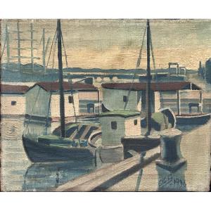 Oil On Canvas Scandinavian Harbor Landscape Monogrammed Ccs