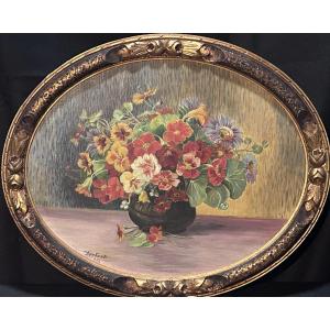 Hans Conrad, Oil On Panel Oval Bouquet Of Flowers