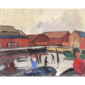 Oil On Panel Scandinavian Landscape Harbor View