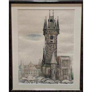 Watercolor, Old Town Hall, Prague Signature To Be Identified