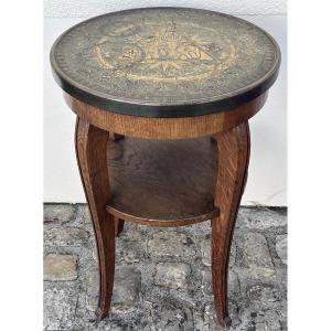 Art Deco Side Table In Oak And Embossed Brass, Decorated With Elephants