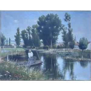 E. Collet, Oil On Canvas Landscape On The Banks Of The Meuse 19th Century