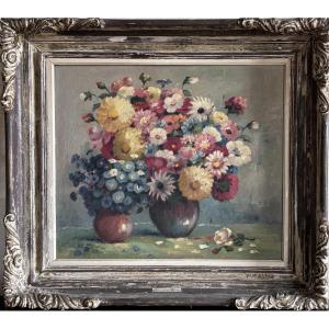 Amaat Van Cleven, Oil On Art Deco Cardboard Bouquet Of Flowers
