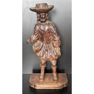 Statue en bois sculpté XVIIIe siècle pèlerin Saint Jacques de Compostelle 