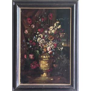 Huile sur cuivre, bouquet de fleurs dans un vase XIXe siècle