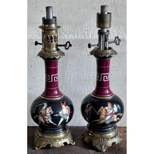 Paire de lampes à pétrole en porcelaine Napoléon III