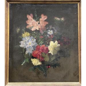 Huile sur toile bouquet de fleurs XIXe siècle 