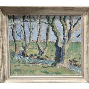 Oil On Panel Scandinavian Forest Expressionist Painting