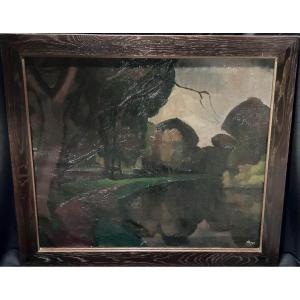 J. Kutter, huile sur toile expressionniste paysage