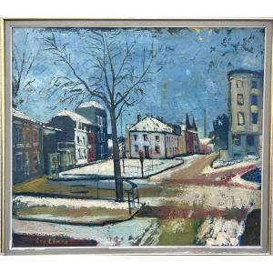 Boy Cloos, huile sur toile « Vue d’une place en hiver », artiste luxembourgeois
